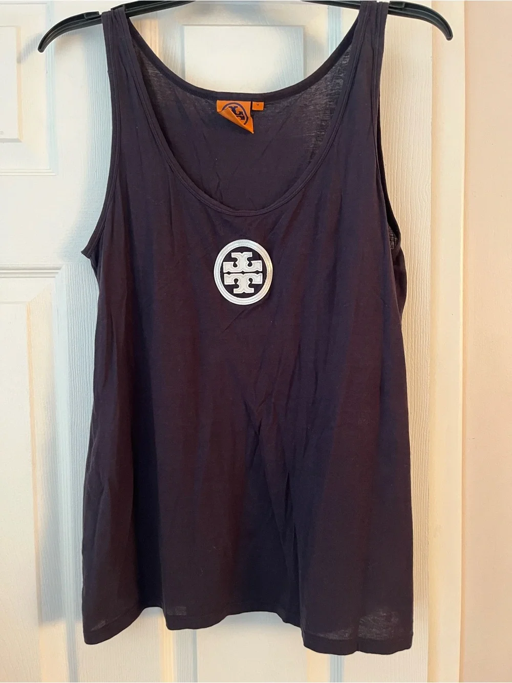 Tory Burch Double Layer Raw Edge Tank Top Navy Blue Logo Patch Embroidered M